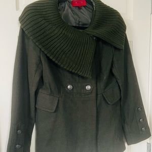 Wool Blend Forest Green Pea Coat with Asymmetrical Oversized Collar